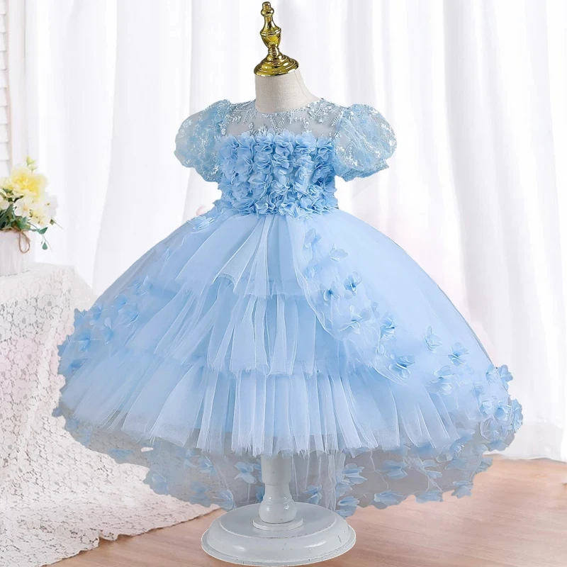 Girls\' Formal Evening Sleeveless Trailing  Princess Dress girls pearl bow fluffy mesh skirt banquet host costumes 5-14 years old