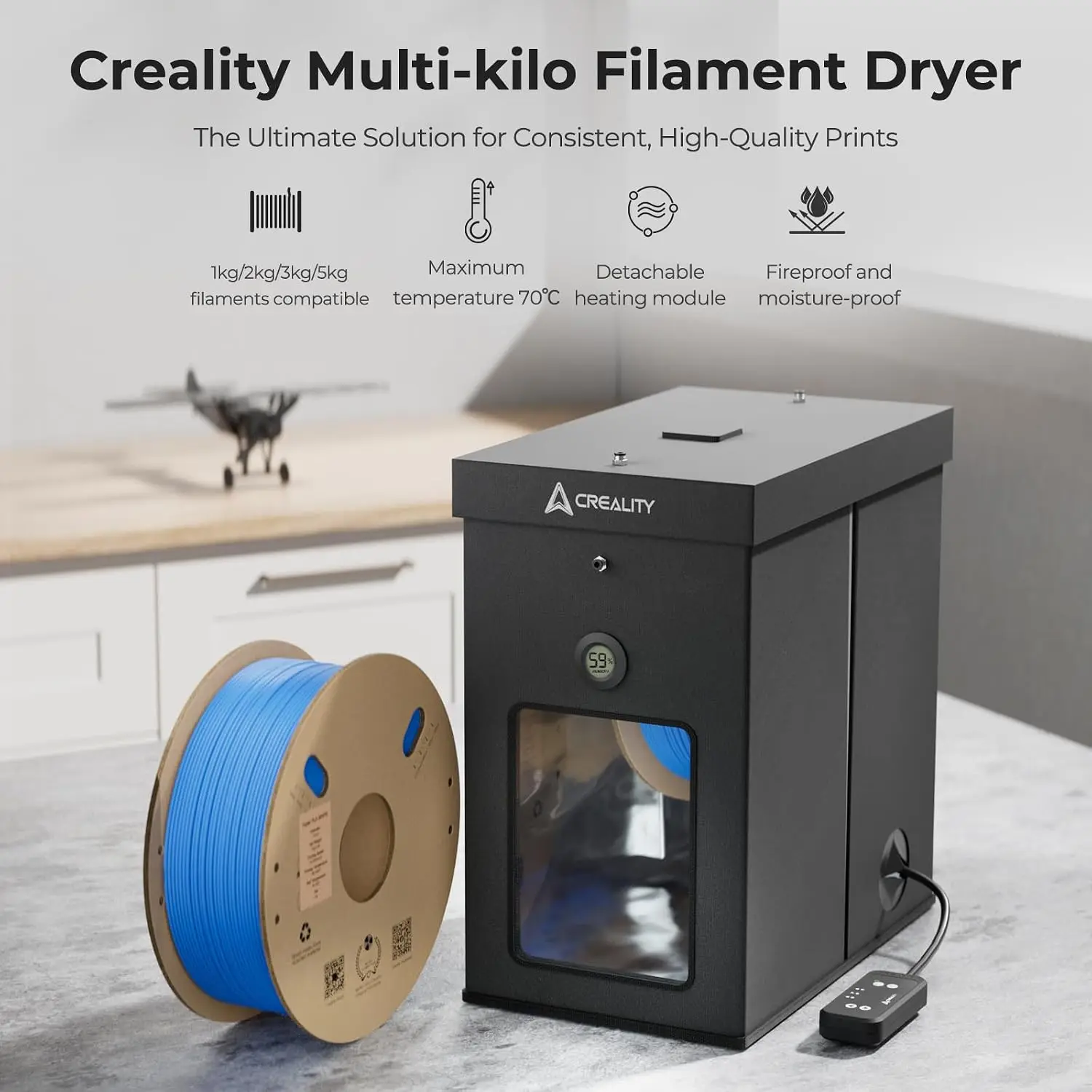 ^For Multi-Kilo 3D Printer Filament Dryer Box, Large Capacity Fits 1kg/2kg/3kg/5kg Spools Storage Box, Fast Heating to 70°C
