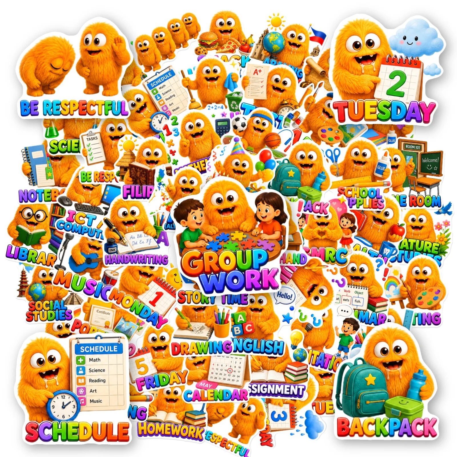 50 Pcs Cute Orange Little Monster Stickers Creative Fluffy Monster Fun Daily Waterproof Vinyl Decals for Journal Laptop Gift