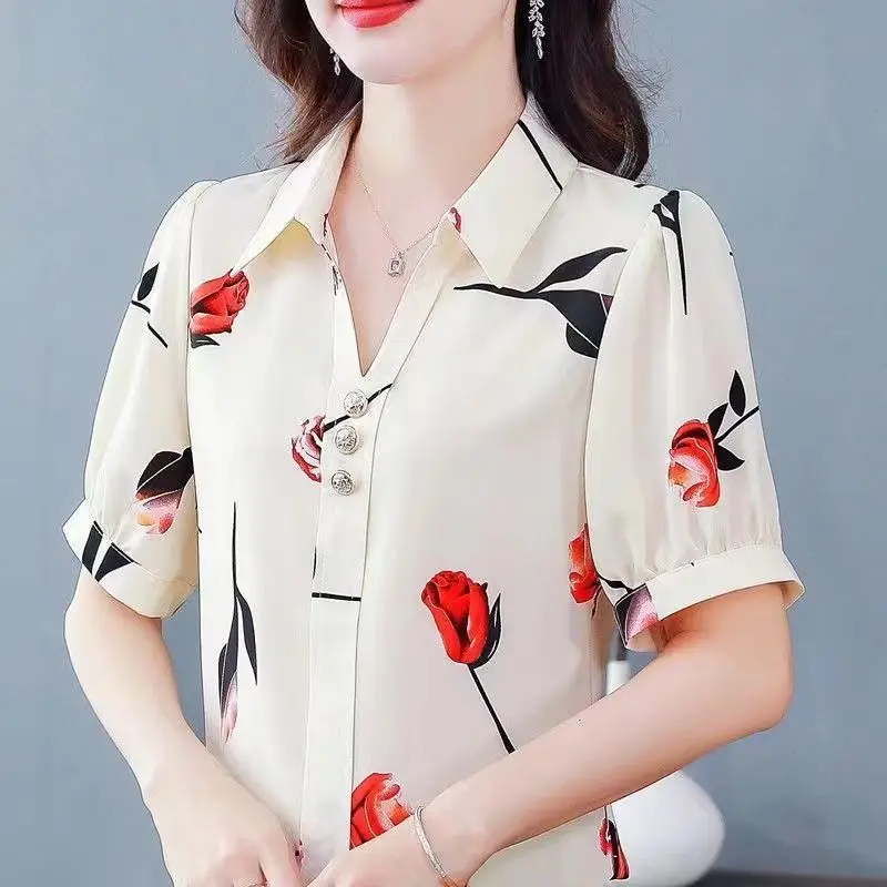 New Female Clothing Summer Short Sleeve Loose Turn-down Collar Tee Shirt Casual Blouse Button Floral Fashion Women Crop Tops