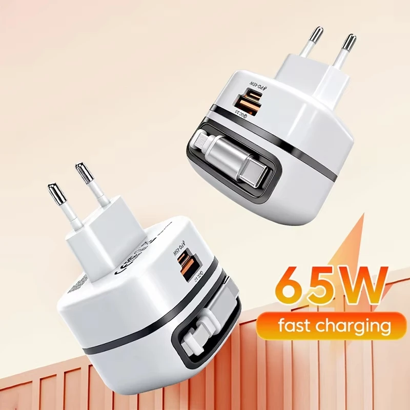 

Зарядное устройство для телефона USB Type C, 65 Вт, портативное мини-быстрое зарядное устройство, универсальный дорожный адаптер с телескопическим кабелем, вилка стандарта ЕС, Великобритании для iPhone