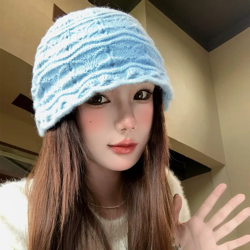 Ins Fresh Blue Hollow Knit Beanies for Women Autumn and Winter Travel Warm Versatile Soft Fuzzy Yarn Elegant Pullover Hats