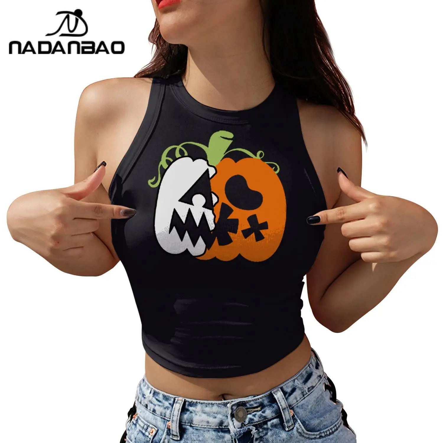 Nadanbao Halloween Print Womens Summer Tank Tops Pleated Round Neck Sleeveless Tops for Women Casual T-Shirt