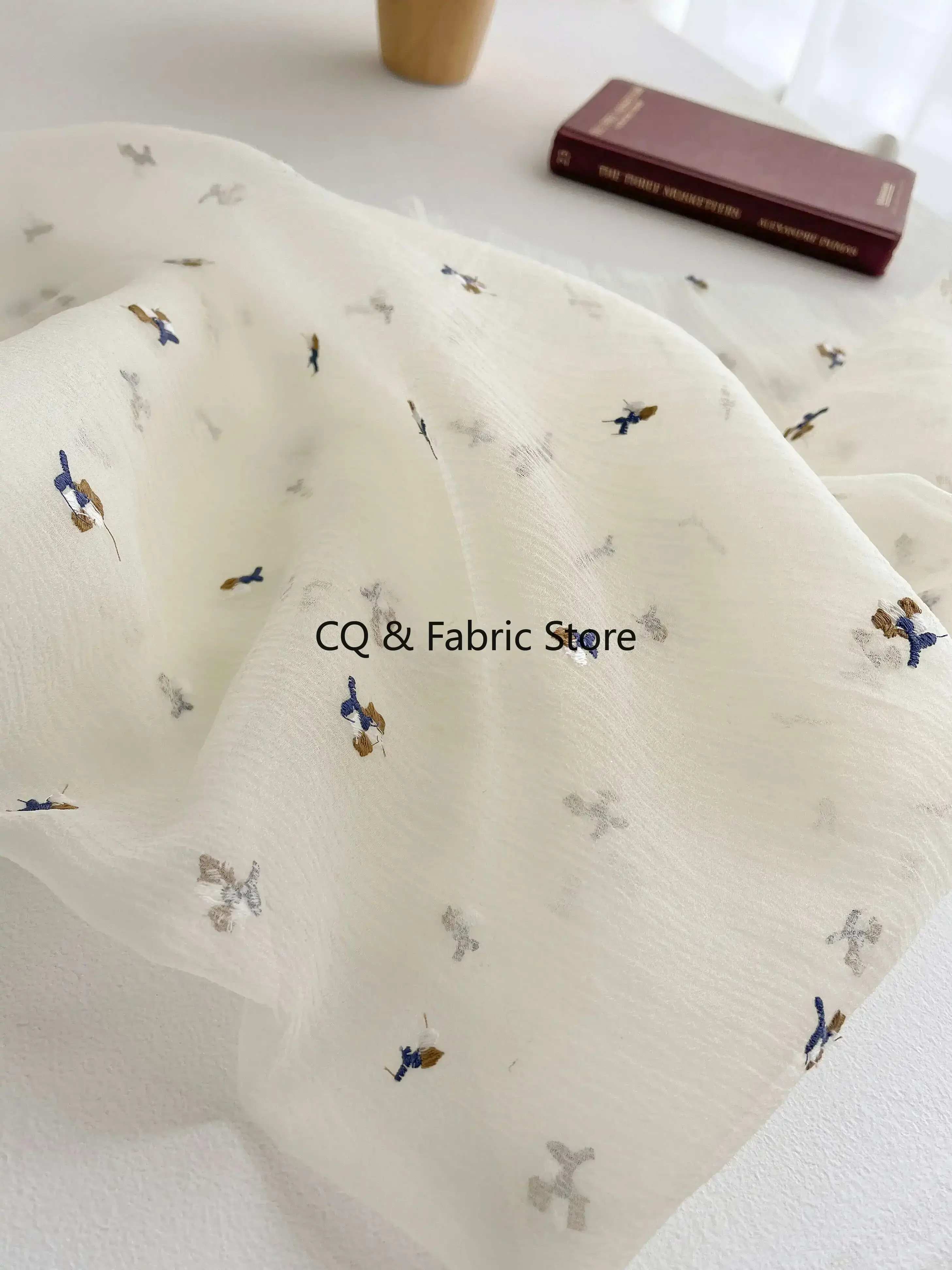 Beige Small Floral Embroidery Pleated Tulle Fabric Fluffy Skirt Dress Girl Dress Clothing Fabric By The Meter