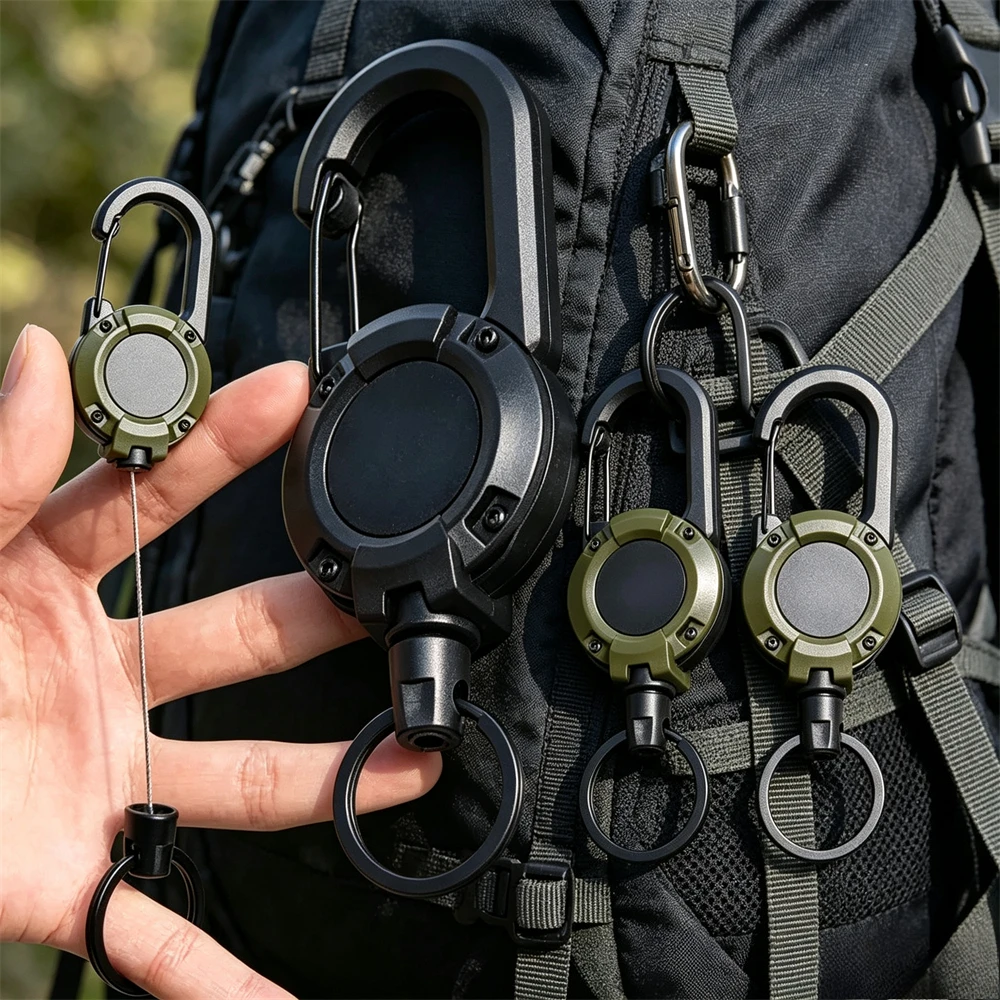 Heavy‑Duty Retractable Badge Reel Carabiner Keychain Anti‑Lost Stretchable Steel Wire Rope Spring‑Loaded Key Ring for Badge Keys