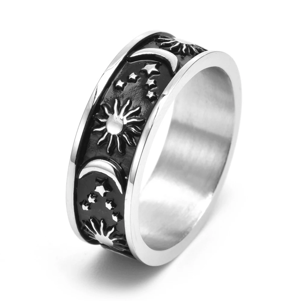 Bohemian Titanium Steel Celestial Ring Sun Moon Star Symbols Minimalist Stackable Jewelry Unisex Edgy Chic Festival Gift 2024