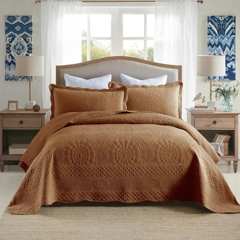 3-delige 100% Katoenen Oversized Bedsprei Dekbed Set Boerderij Beddengoed Tf, Donker Oranje, King