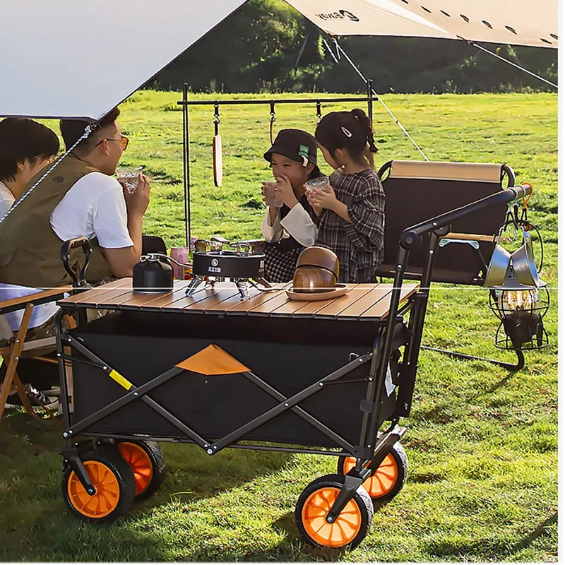 Chariot pliant de camping en plein air avec décrochage, épicerie à quatre roues, remorque de camping, style européen