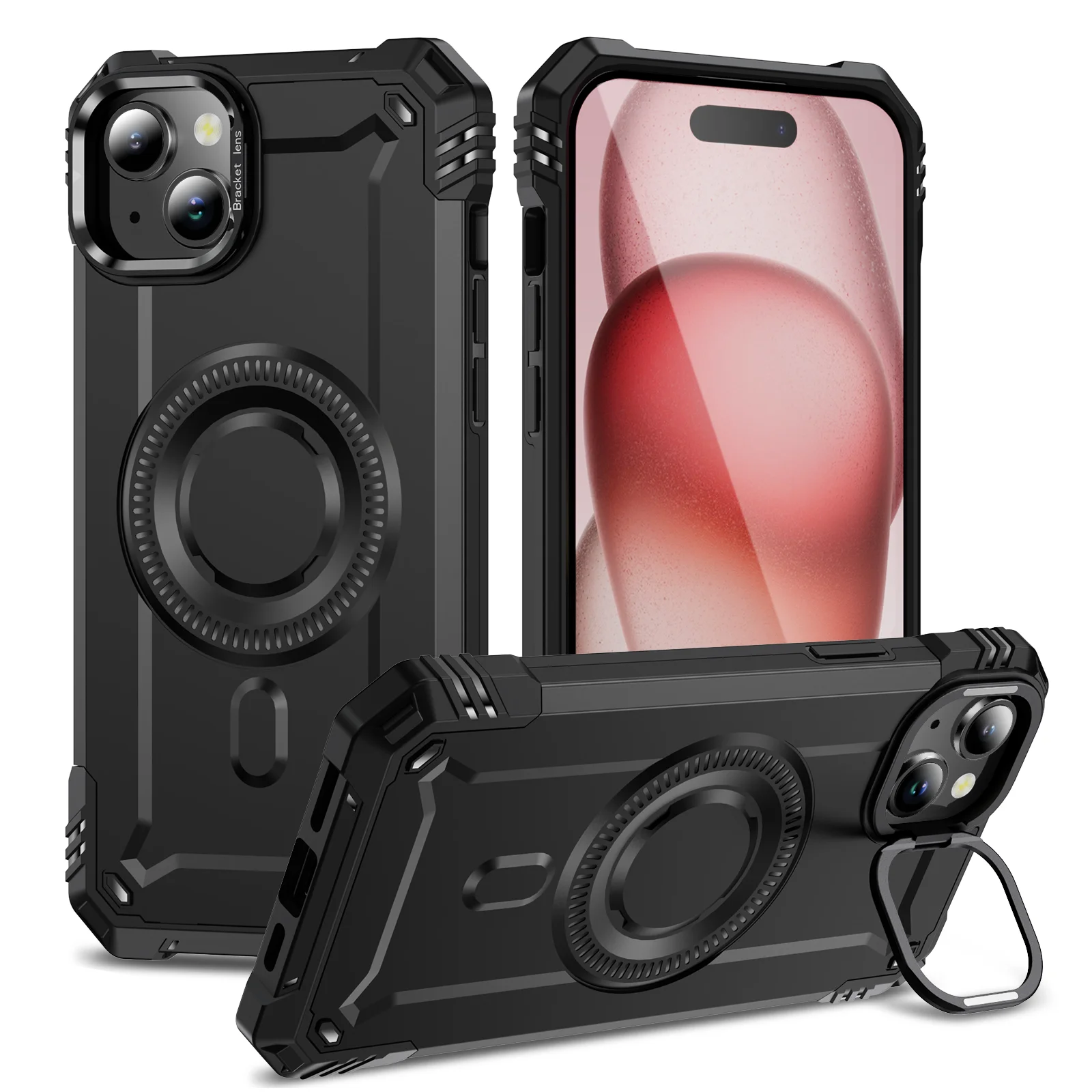 Heavy Duty Camera Bracket Magnet Armor Case For iPhone 15 16 14 13 12 11 Pro Max Shockproof Cover