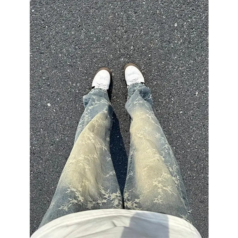 Men's Retro Jacquard Pattern Personality Jeans Fashion Trend Autumn Trousers Male High Waisted Wide Leg Denim Pants