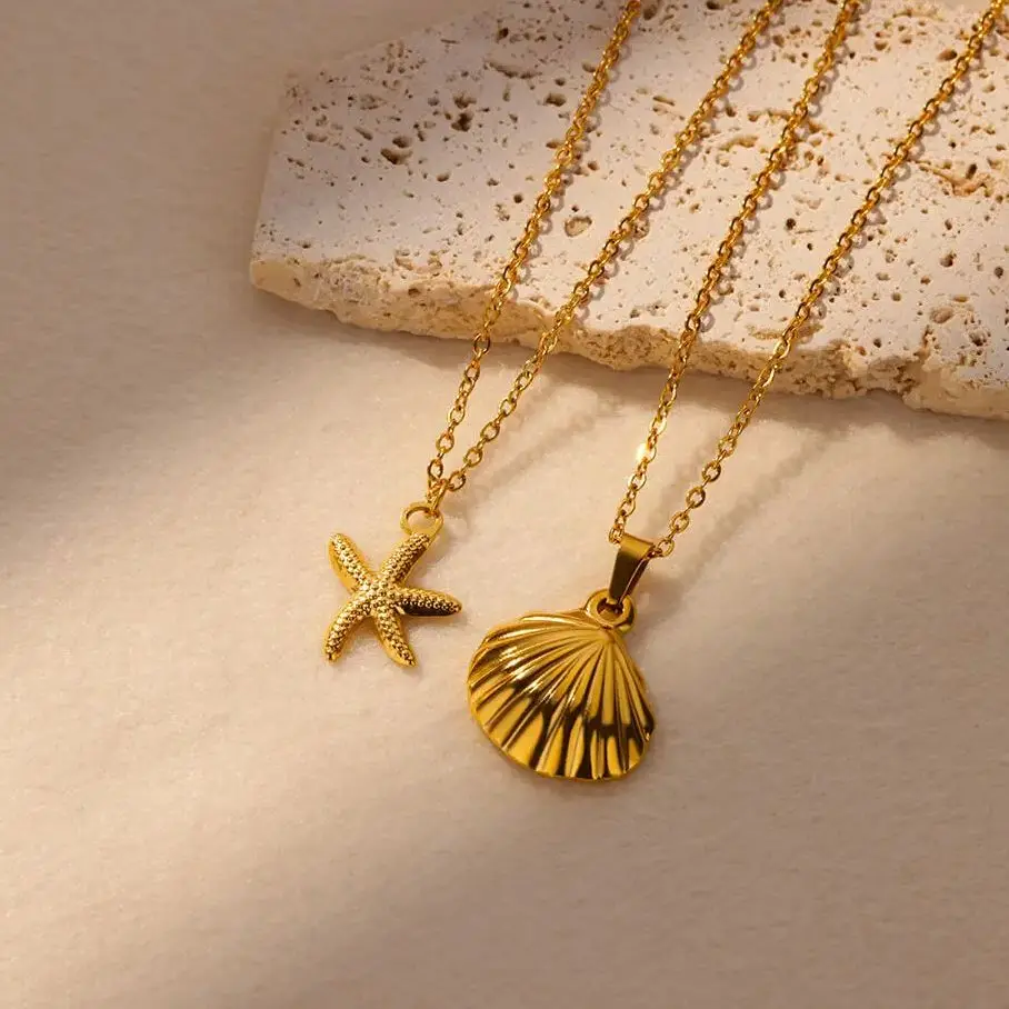 Vintage Starfish Shell Pearl Necklace For Women Gold Color Stainless Steel Pendant Shell Necklace Aesthetic  Summer Jewelry Gift