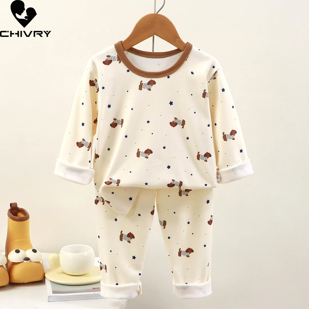 

New Kids Autumn Warm Pajamas Boys Girls Cute Cartoon Print Long Sleeve T-Shirt with Pants Pyjamas Toddler Baby Casual Sleepwear