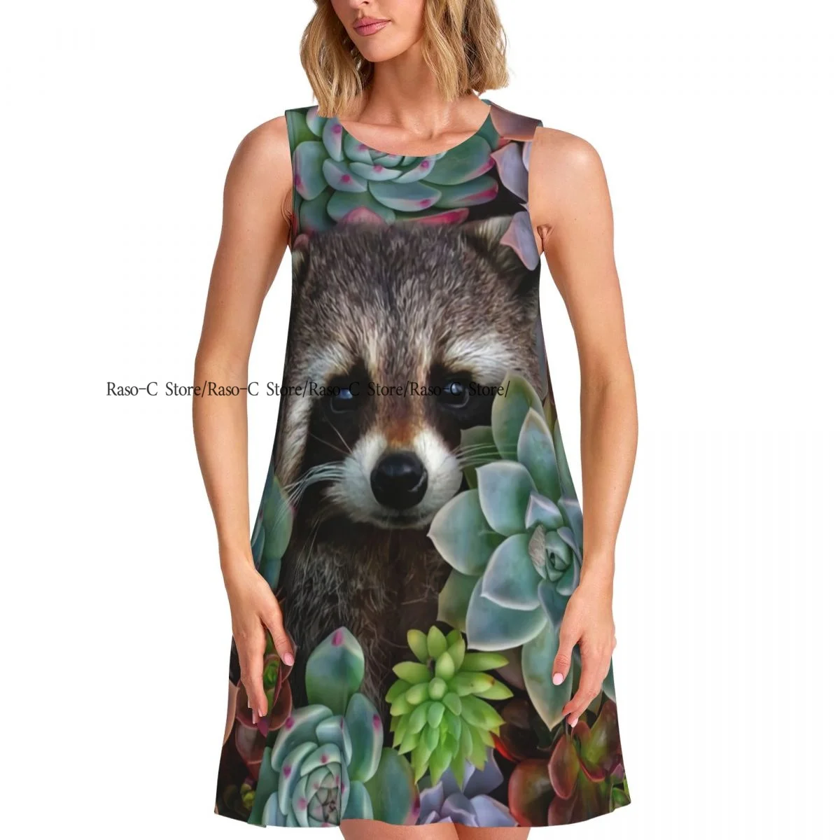 ชุดสตรีน่ารัก Raccoon ใน Succulents ฤดูร้อน Casual T เสื้อชายหาด COVER UP Tank Dress