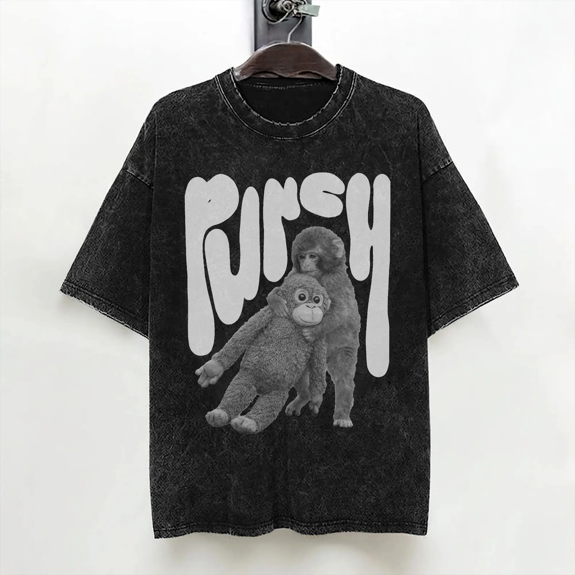 Punch Baby Monkey T Shirt Washed Short Sleeve Harajuku T-Shirt  Fashion Men Women Streetwear Graphic Printed Tees