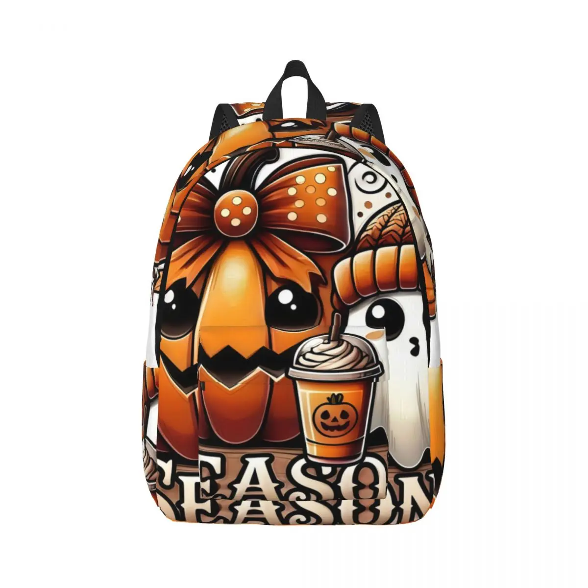 Food Print Backpack Badge Pumpkin Ghost Bow Coffee Cute Kawaii Halloween Warm Orange Brown C Sweet Bookbag for Girls Teens Daily