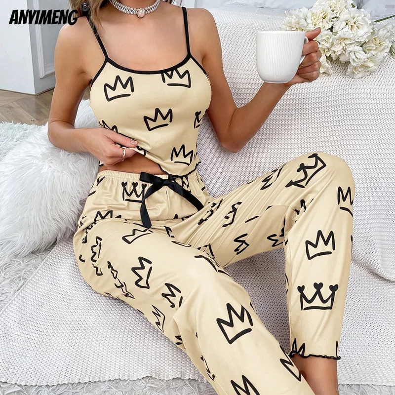 Crown Printing Women Sling Wide-legs Pajamas Set Fashion Pijama for Girl Soft Milk Silk Sleepwear Casual Lady Sexy Nightwear