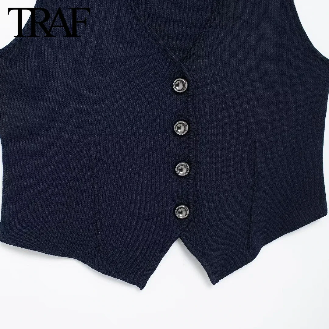 TRAF Women Fashion Spring New Sleeveless V-neck Single Breasted Cardigan Knitted Sweater Short Vest Sweet Chic Ladies Tops