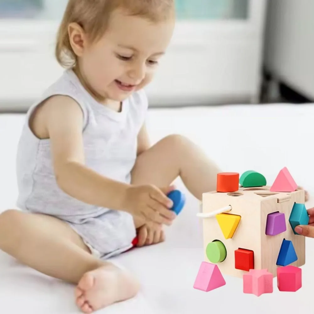 Trieur de formes Montessori en bois, boîte carrée, 13 trous, blocs de construction colorés assortis, pour la maternelle