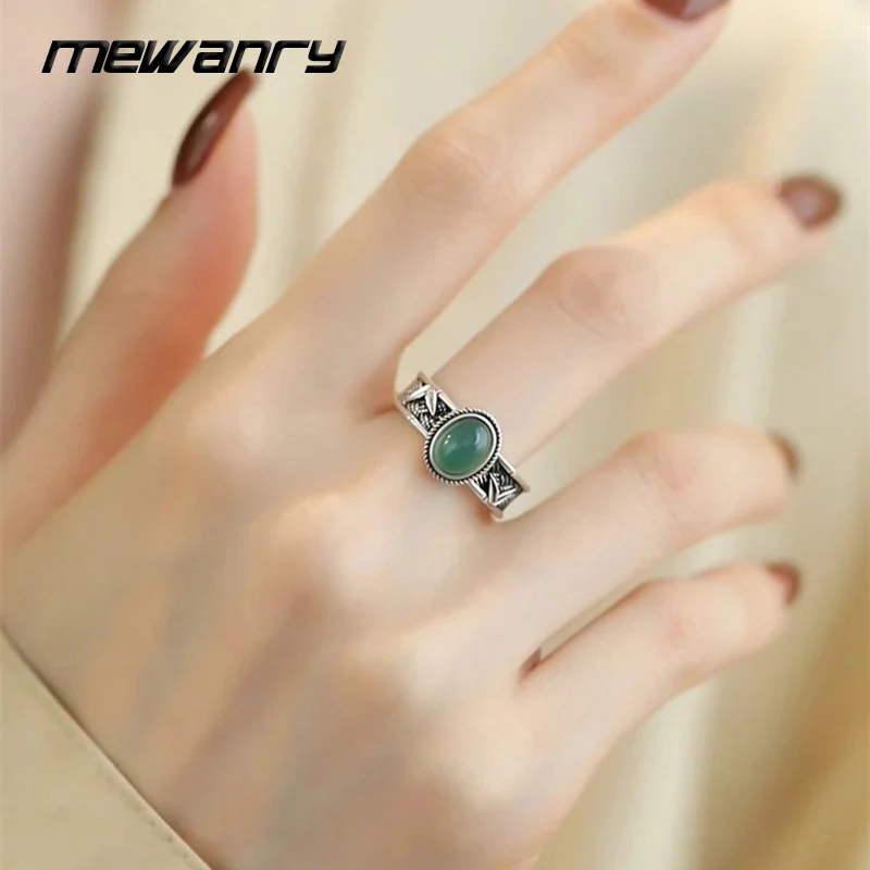 Mewanry Vintage Egg-shaped Stone Adjustable Rings For Women Bamboo Leaf Weave Simple Chinese Style Trendy Finger Rings Jewelry