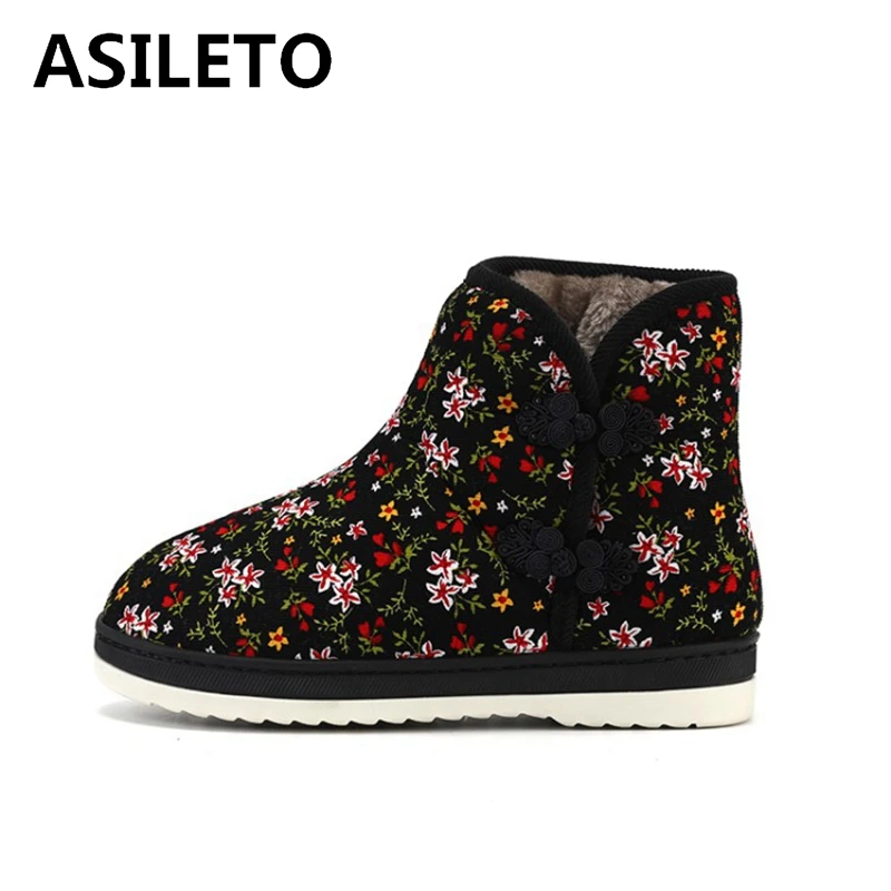 ASILETO Winter Warm High Top Sonw Boots Round toe Flat With Flock Button Floral Folk-custom Big size 38-45 Blue Red Casual T1159