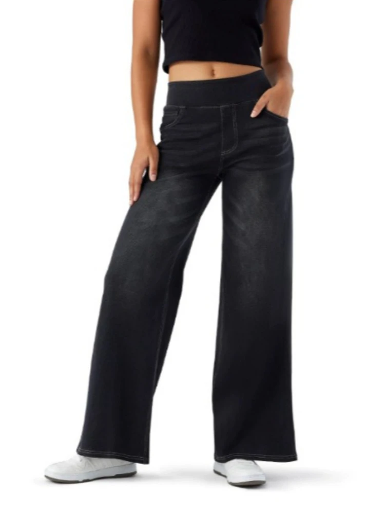 

HOUZHOU Vintage Elegant Women Jeans Washed Wide Leg Elastic Waist American Style Straight Denim Trousers Baggy Basic Casual