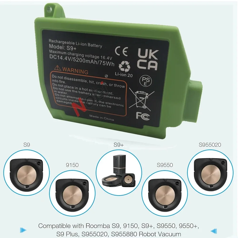 Imagem -03 - Nobi Substituição Ion Bateria de Lítio Peças Irobot Roomba s9 Mais 9550 s9 9150 Varrição Robot Vacuum Series 14.4v 75wh 5200mah