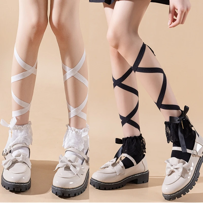 

Women Summer Ribbons Straps Ankle Socks Japanese Anime Ruffled Lace Patchwork Bowknot Cotton Hosiery