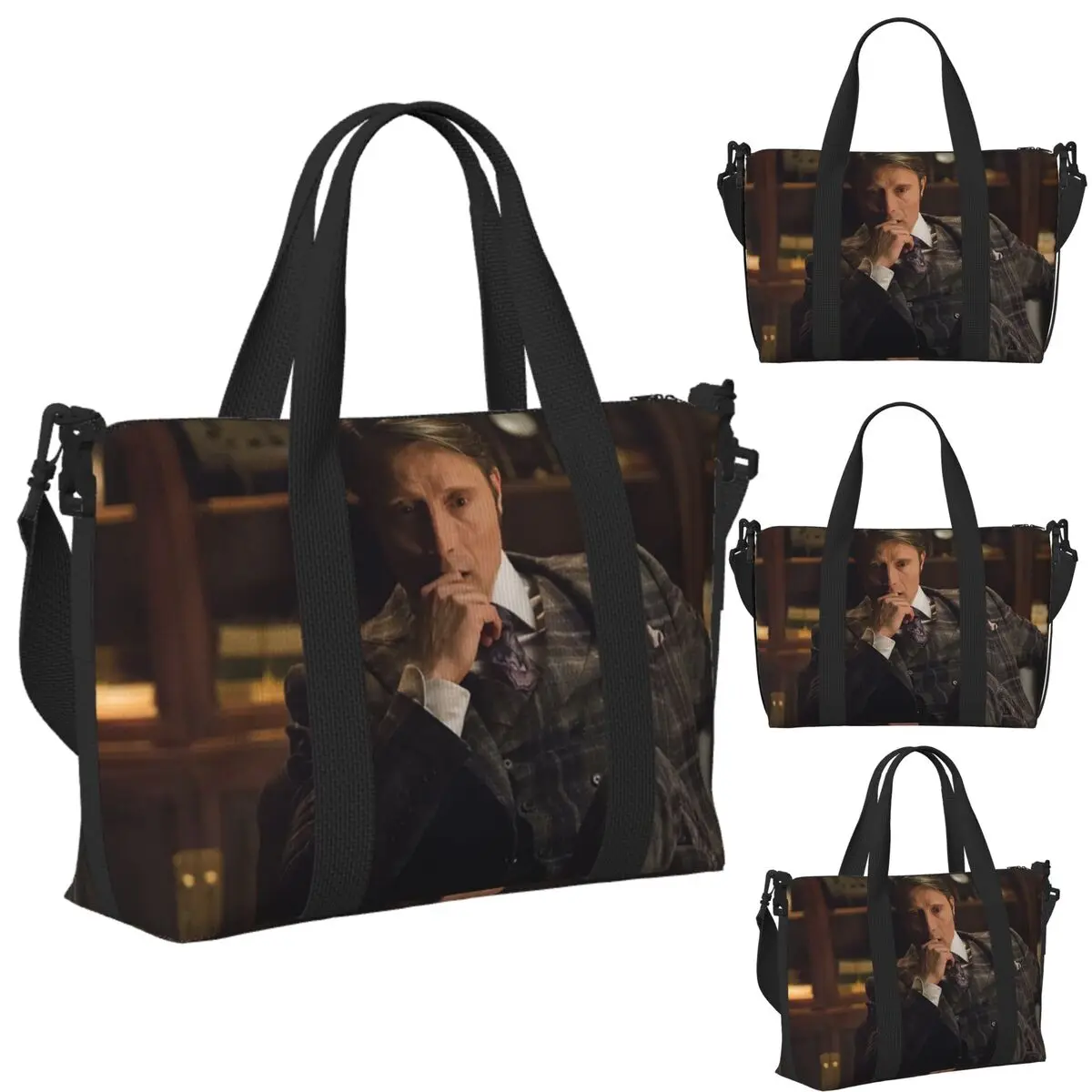 

Custom Mads Mikkelsen Hannibal Lecter (Hannibal TV) Beach Travel Bag Tote Bags for Gym Sport Women Shopping Duffle Shoulder Bag