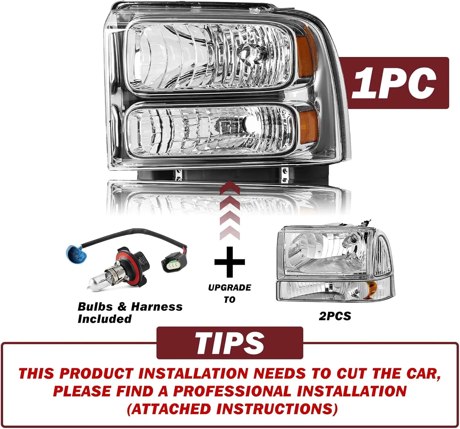 Headlight Assembly Replacement Compatible with 1999-2004 F250 F350 F450 F550 Super Duty and 2000-2004 Excursion, Driver and Pass
