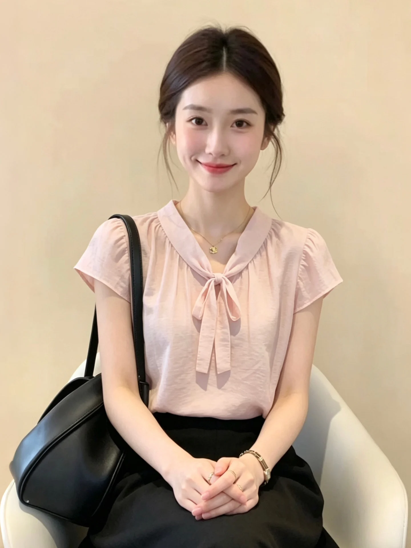 

Summer New Style Women's Short Sleeve Shirt Bow Knot Tie Versatile Top Korean Commute Style Seamless Fabric Knot De...