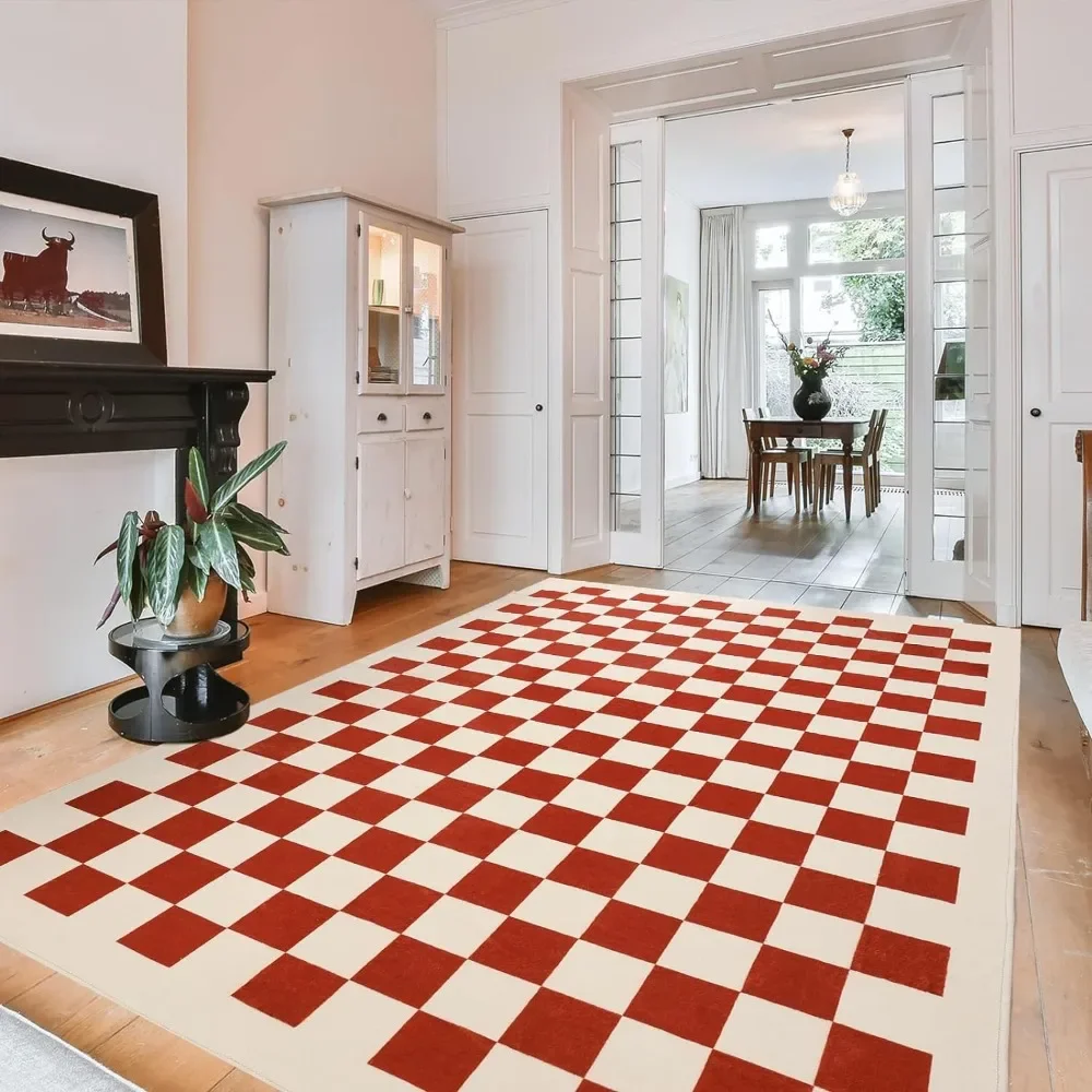 

6x9 Large Area Rugs Rust Red Checkerboard Rug Washable Rug for Bedroom Boho Low Pile Area Rug