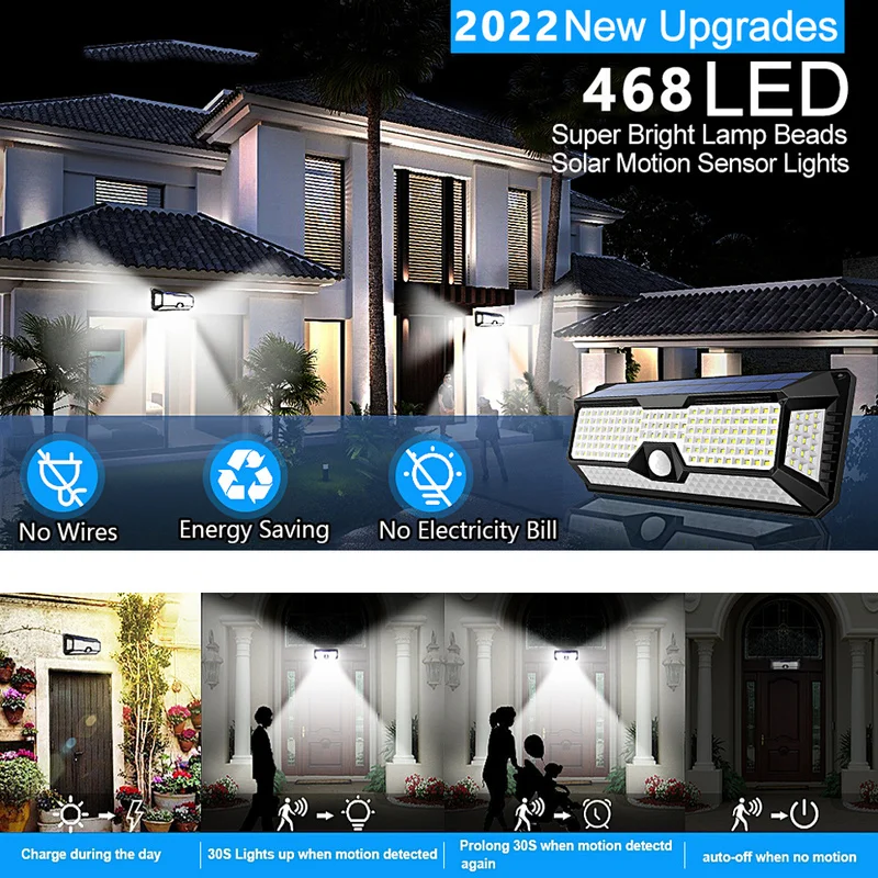 Solar Outdoor Lights Motion Sensor 4000Lm 268 LEDs Solar Security Light IP65 Waterproof Led Lights Super Bright Wall Lamp 3 Mode