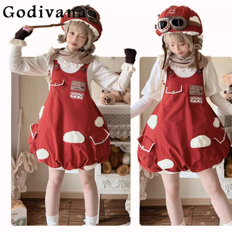 

Original Design Cute Large Size Red Mushroom Lolita Strap JSK Dress Lolita Girl Women's Loose Red Printed Tank Dresses Summer