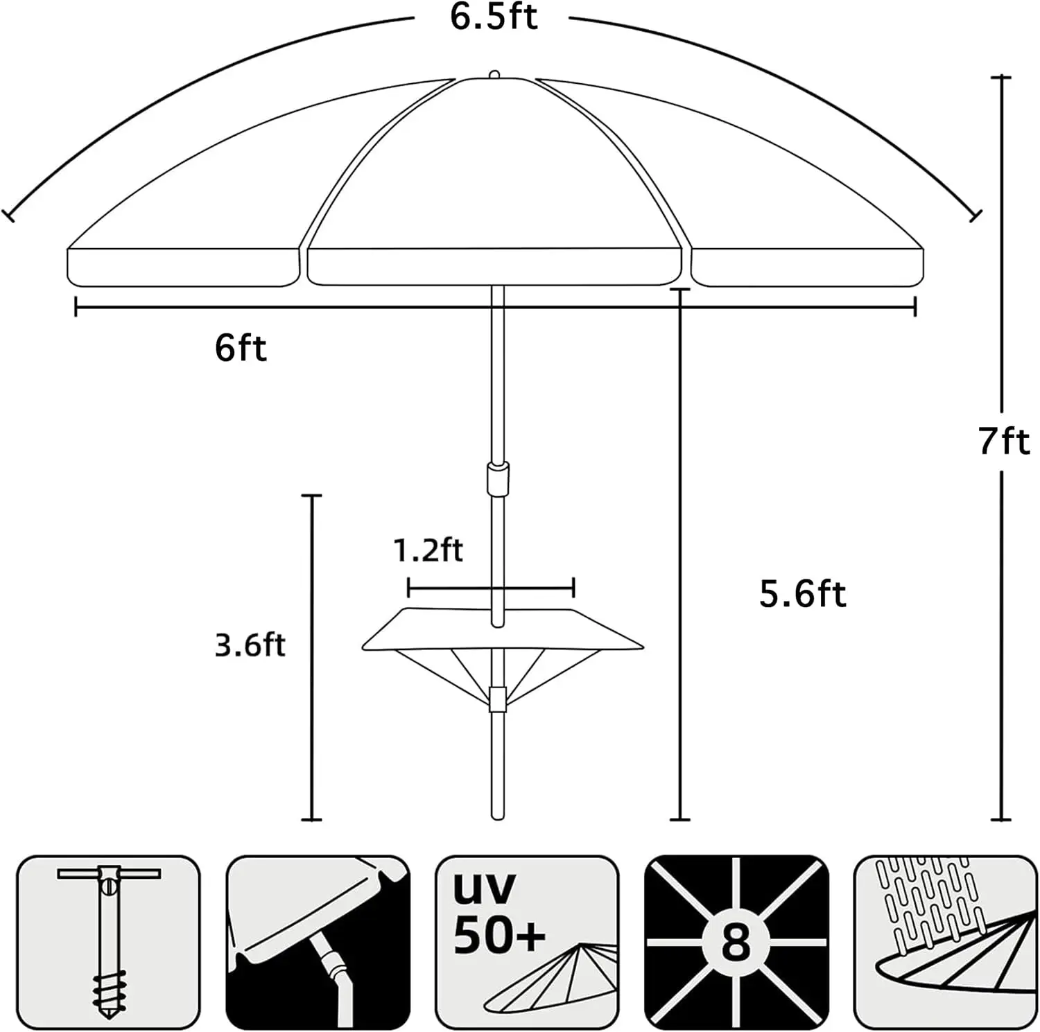 Portable Beach Umbrella with Sand Anchor & Table Tray, 6.5ft Heavy Duty Sun Protection for Patio, Pool, Garden