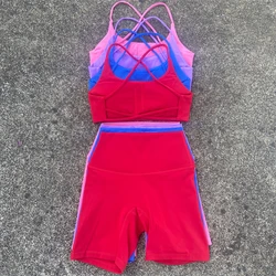 2 Piece Gym Sports Set Women Yoga Shorts Set Workout Outfit Fitness Suit Cross Straps Bra High Waist Shorts Running Tracksuit