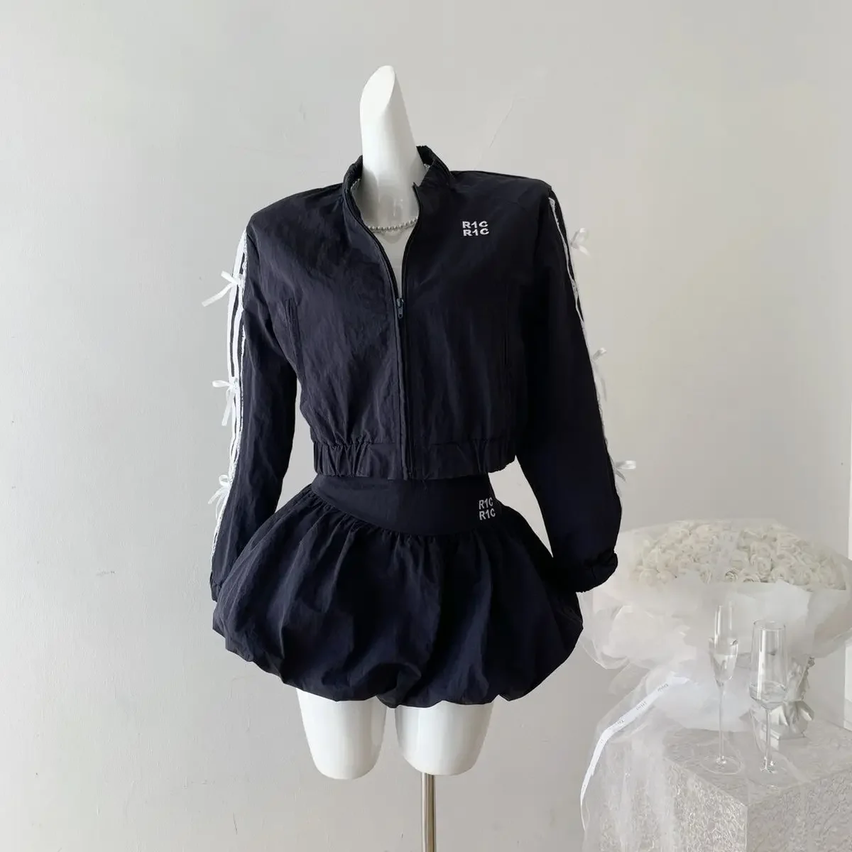 Gagaok Lace Patchwork Sweet Two Piece Suit Women Autumn Casual Navy Blue Short Jacket+high Waist Gentle Mini Skirts Set