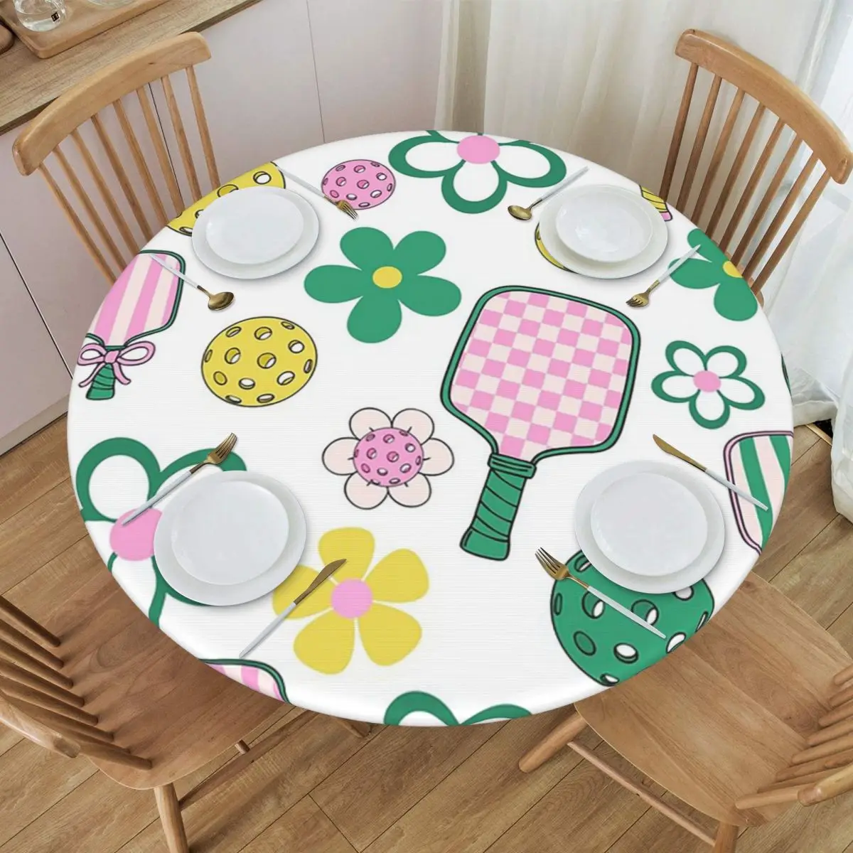 Pickleball Pattern Pickleball Paddle Pickleball Ball Round Tablecloth Oilproof Table Cloth for Kitchen Events Dining Table Cover