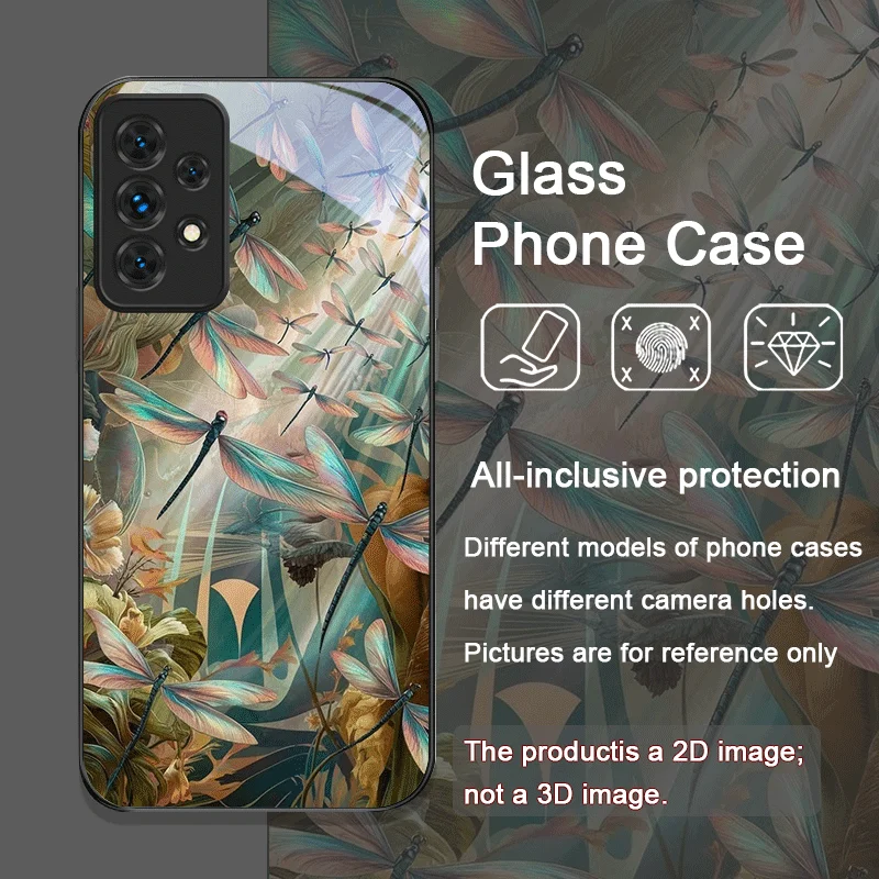Vintage Dragonflies Floral Pattern Tempered Glass Phone Case for Samsung Galaxy A06 A72 A55 A54 A53 A52 A36 A15 A14 A13 5G Cover