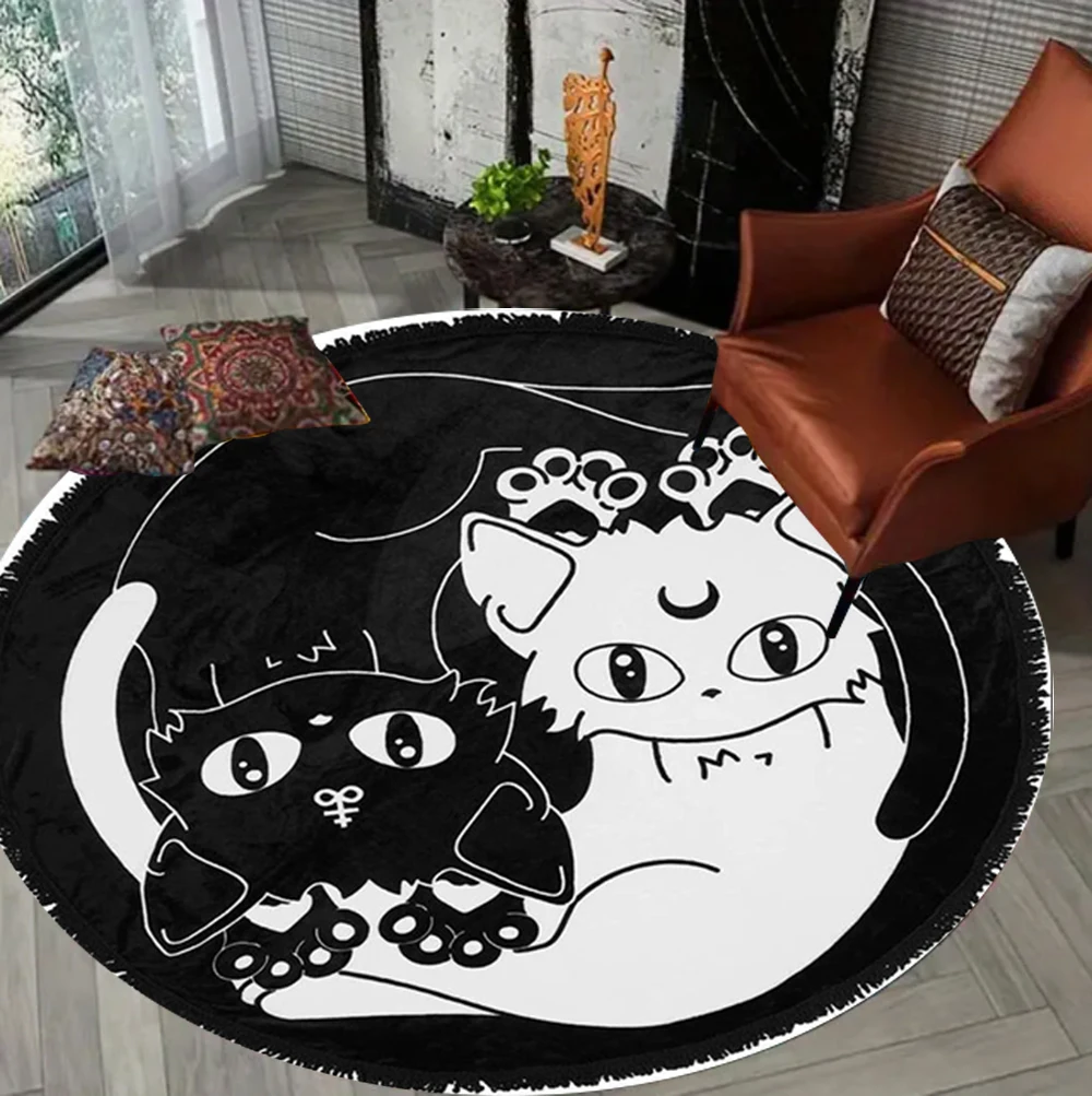 Yin Yang Katze Runder Teppich Schwarz-Weiß-Katze Niedlicher Teppich Künstlerischer Sinn Wohnzimmer Schlafzimmer Dekoration Bodenmatte