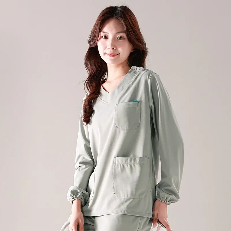 Solid Color Elastic Fabric Long Sleeved Scrubs Tops Scrub Pants Jogger Dental Pharmacy Laboratory Operating Room Work Uniform