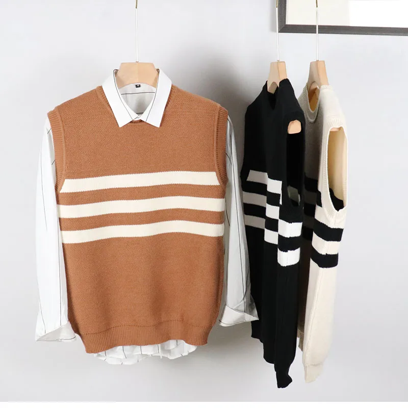 Trendy Tee-Stripes Men's Knitted Vest Sweater Thiened Casual Svel round Ne Youthful Sle Winter Faion