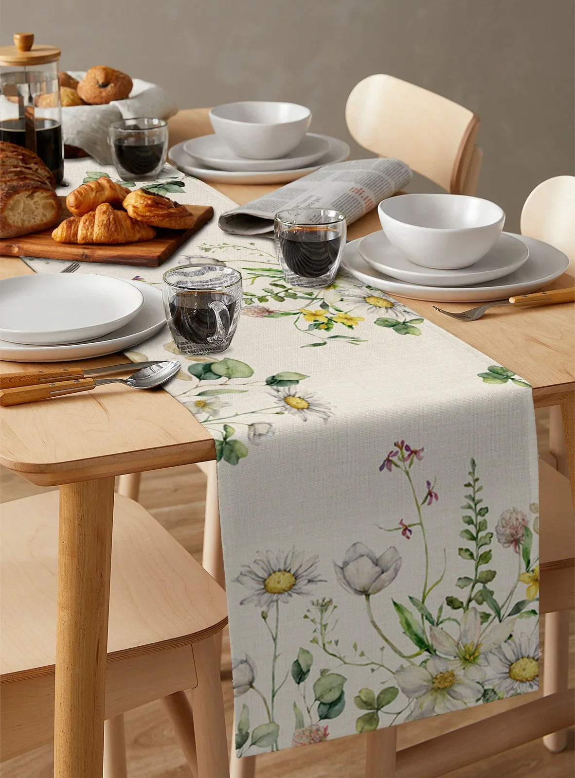 Plant Chamomile Wild Flower Eucalyptus Table Runner Wedding Party Dining Table Cover Cloth Placemat Napkin Home Kitchen Decor