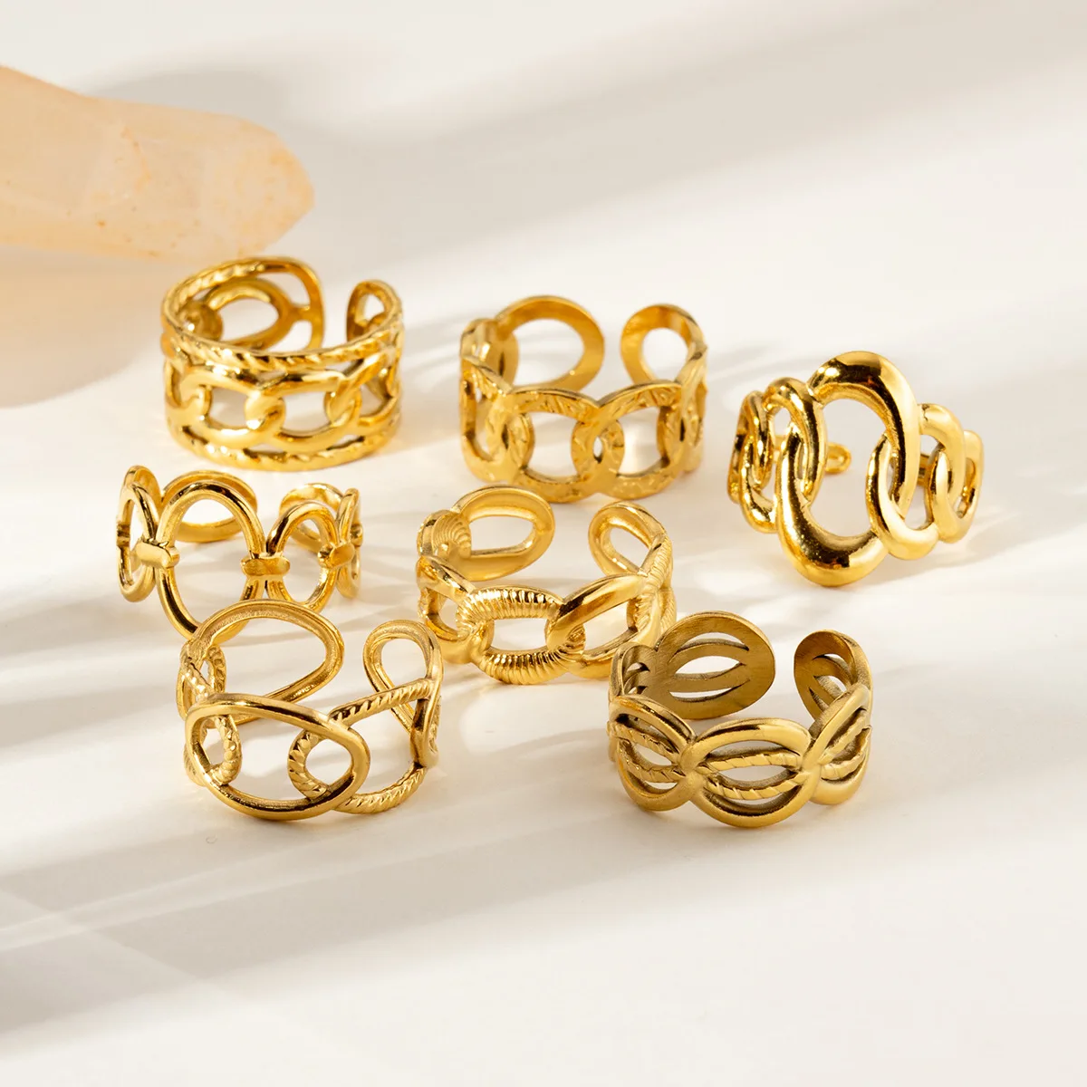 

Women's charm stainless steel ring, trendy product, hollow geometric carving, open adjustable thin ring, jewelry,