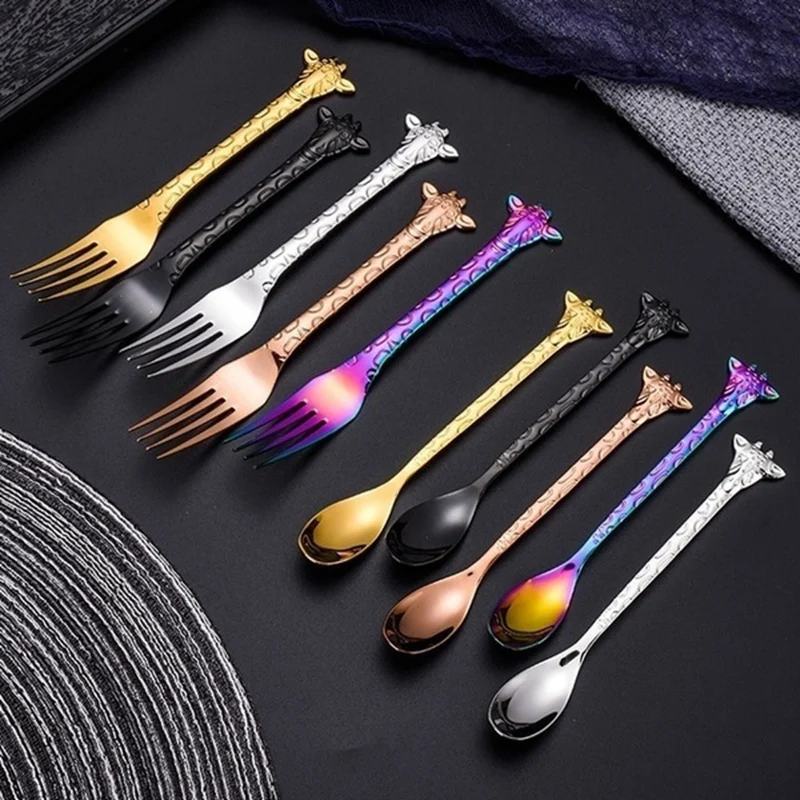 10PCS 304 Stainless Steel Tableware Coffee Spoon Cartoon Giraffe Shaped Animal Cake Dessert Fork Teaspoon Set