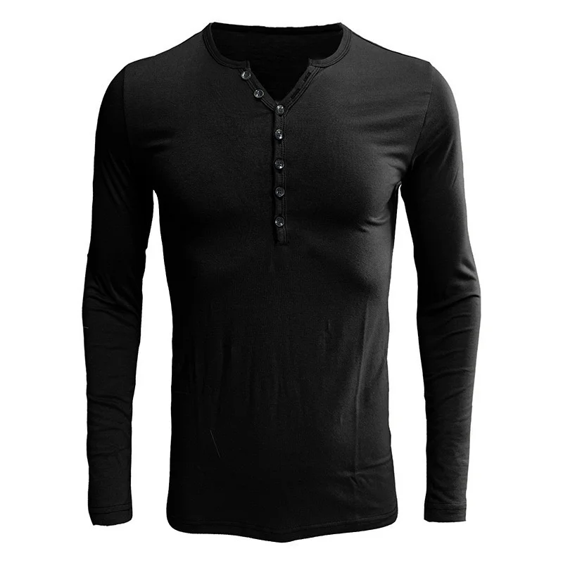 Men's Henley Collar Long Sleeve T-Shirt Solid Color Slim Fit Button Trim Casual Bottoming Shirt Trendy Tops Sizes S-2XL