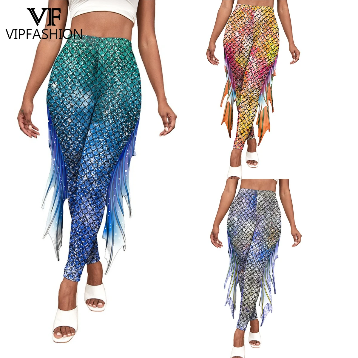 

VIP FASHION Mermaid Scale Printed Leggings Women's Colorful Fish Tail Cosplay Pants Skinny Yoga Pants Gradient Pattern Costume
