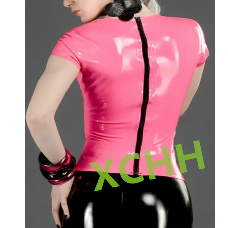 Handmade Women Latex Short Sleeve Top Rubber T-shirt Women Cosplay Costume