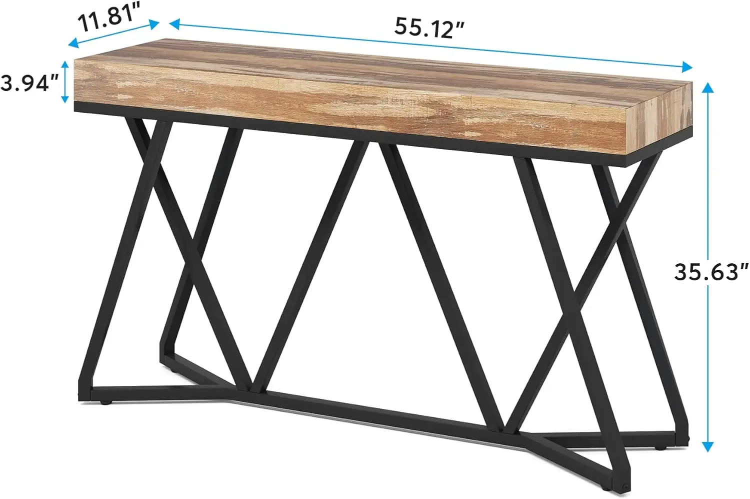 55 Inches Console Table, Farmhouse Sofa Table Wood Entryway Table with Unique Metal Base