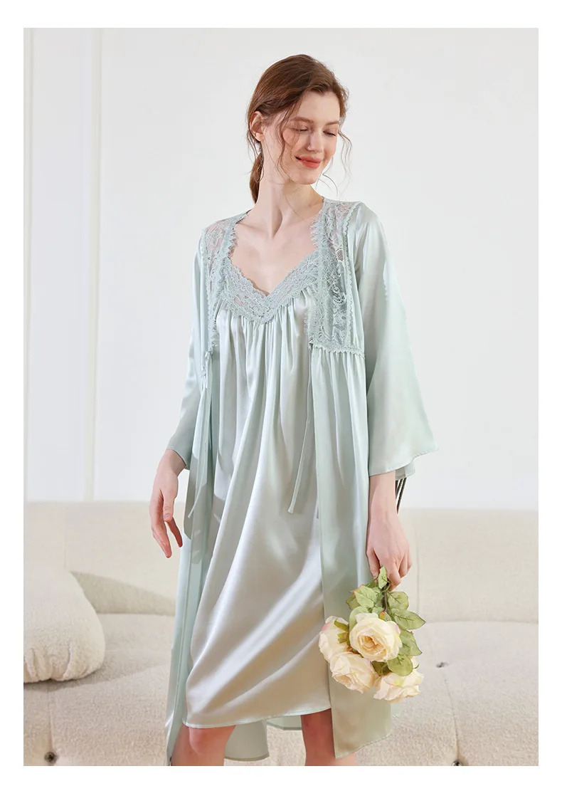 

New Design Nature Silk Women's Sleepwear Robes Breathable Lace Home Wear Dress 100% Mulberry Silk Nightwear Women Nightgowns