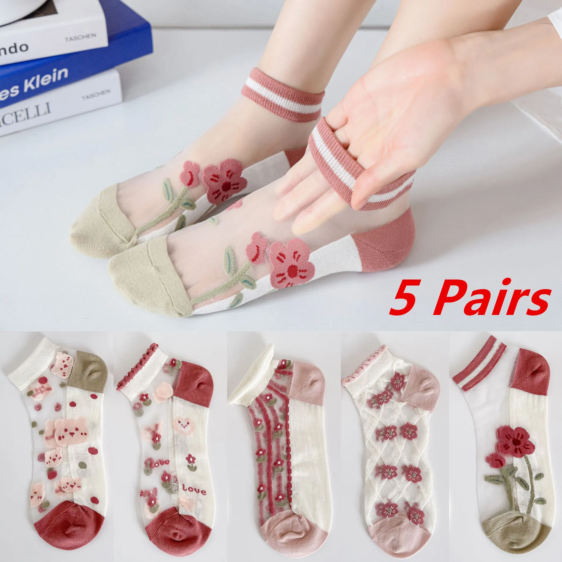 5 pares de calcetines de verano a la moda para mujeres y niñas estilo Harajuku encaje flor calcetín corto transparente ultrafino calcetines tobilleros invisibles
